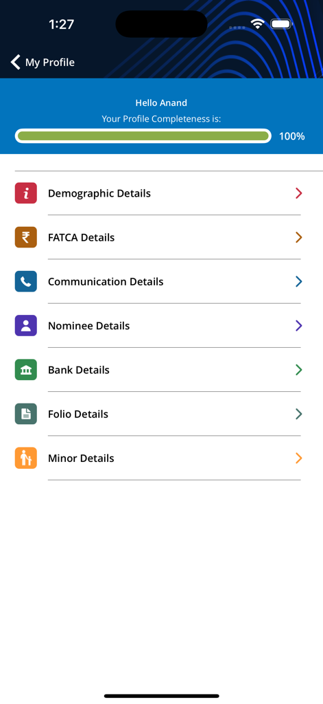 Benutzerprofil-Dashboard in der KFinKart-App mit 100 Prozent vollständigem Profil und verschiedenen Abschnitten für Anlagekontodetails.