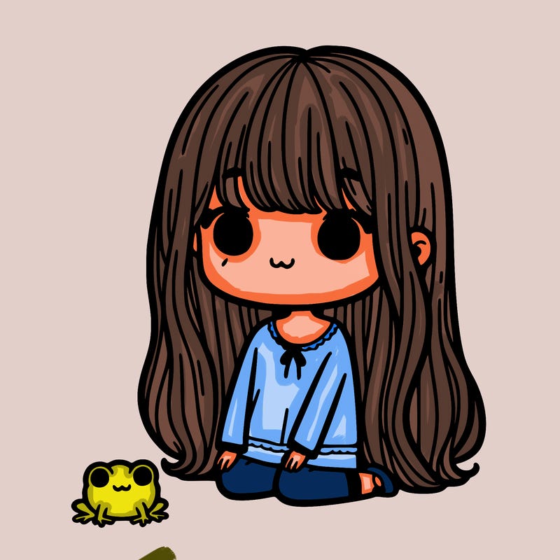 girl with long hair bangs and tiny frog