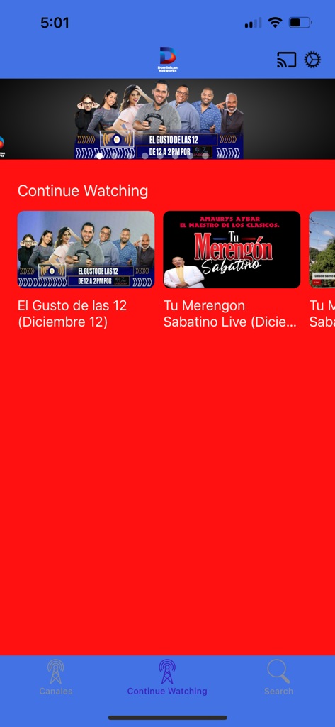 Dominican Networks - Interfaccia dell'app Dominican Networks che mostra la sezione 'continua a guardare' con vari programmi TV dominicani