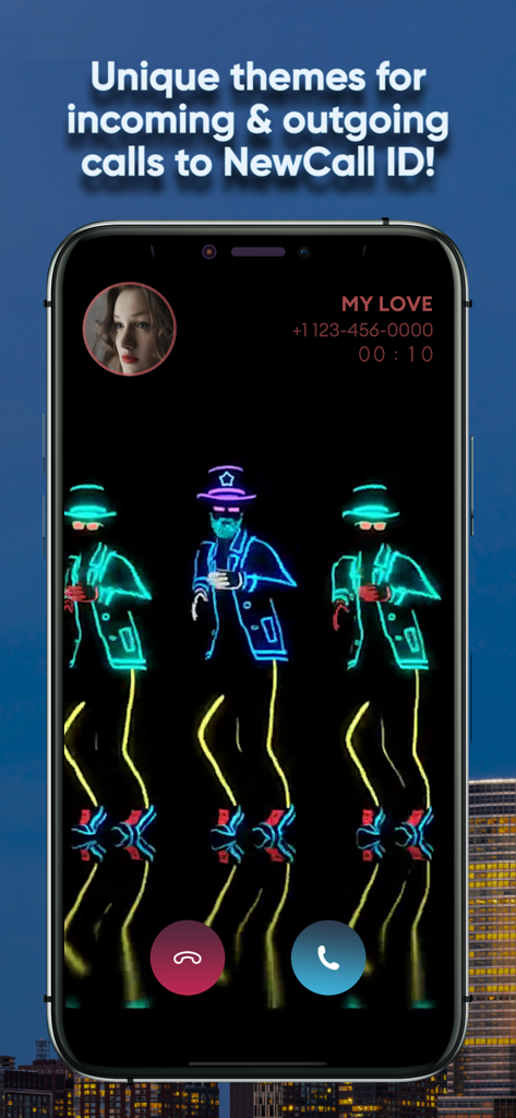 NewCall - Flash Call & SMS - Smartphone showing a neon dancing figures theme for an incoming call on the NewCall app