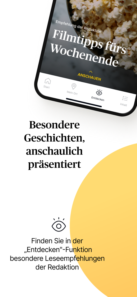 Rheinische Post app screen showing editorial reading recommendations and film tips in the Discover section