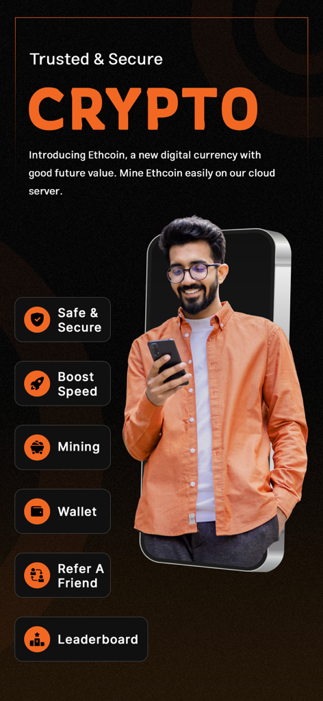 Ethereum Mining, ETH Miner - Ein Werbebildschirm für die Ethereum Mining App mit einem Mann, der ein Smartphone hält, und einer Liste von App-Funktionen wie Boost Speed, Wallet und Leaderboard.