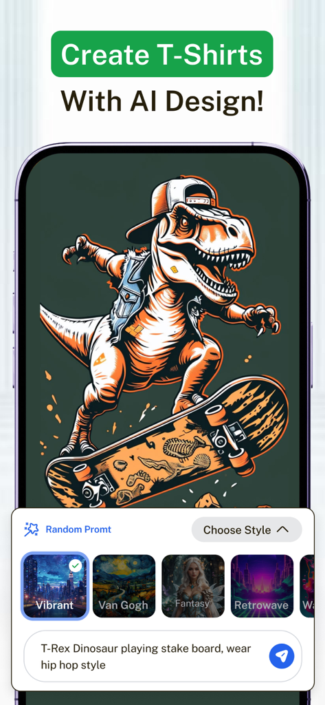 Interfaz de la herramienta de diseño de camisetas IA mostrando un gráfico personalizado de T-Rex y opciones de selección de estilo.