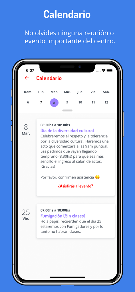 Mobile app interface showing a school calendar with events and important dates in Spanish