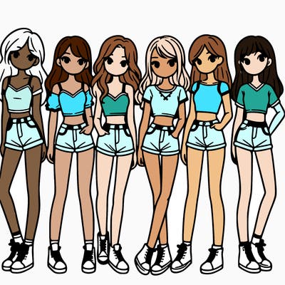 a group of girls wearing crop tops and shorts