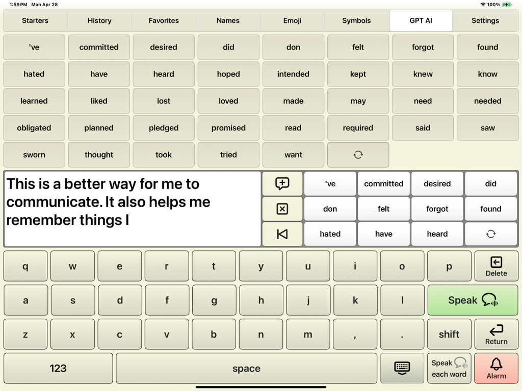 AI Communicator - AI Communicator iPad app interface showing word prediction tiles and text to speech keyboard