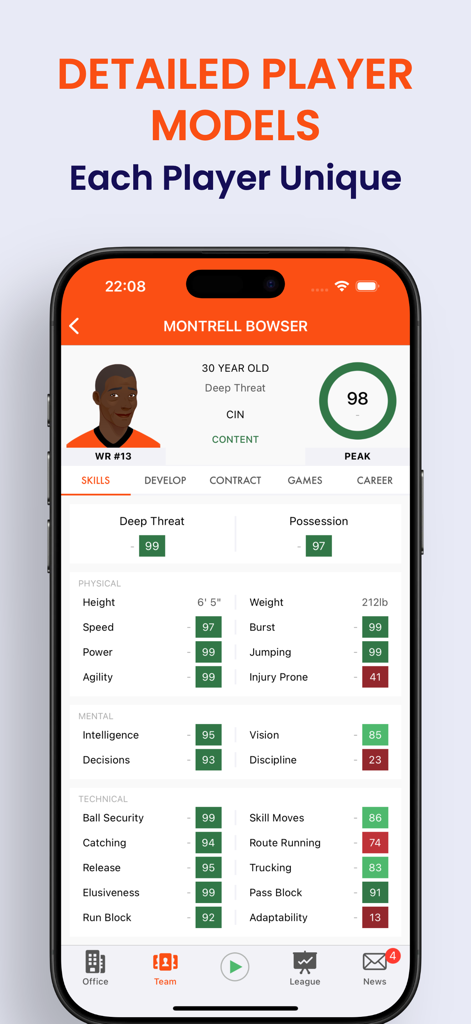 Pocket GM 3: Football Sim - A detailed player profile screen showing specific skill ratings and physical attributes in the Pocket GM 3 mobile app