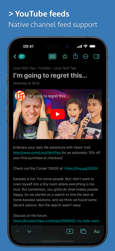 News Explorer app displaying a native YouTube channel feed with a video article from Linus Tech Tips.