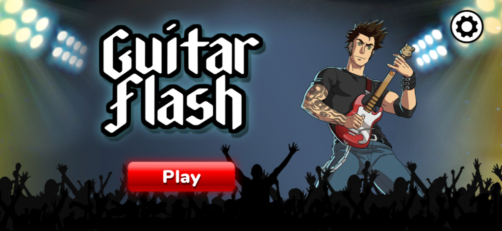 Guitar Flash game home screen featuring a rock star character playing electric guitar and a play button