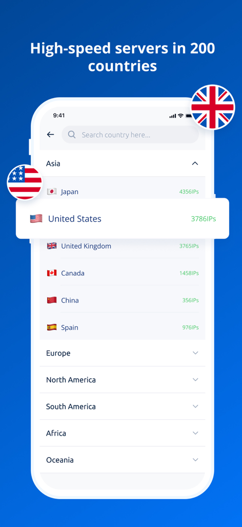 Liste de serveurs proxy à haut débit par pays dans l'application PIA S5 Control