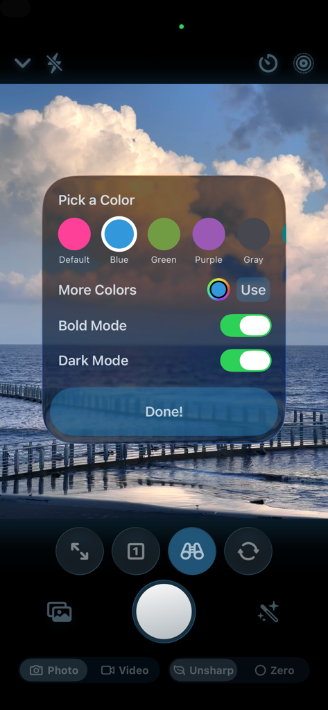 Unsharp - UnsharpカメラアプリのカスタムUIカラーピッカーとテーマ設定。