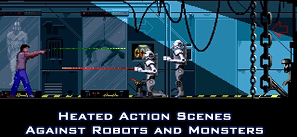 Capture d'écran pixel art du jeu The Escapee représentant un protagoniste tirant des lasers sur des robots dans un laboratoire futuriste.