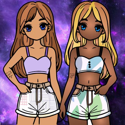 two sisters with crop tops and jean shorts and straight hair