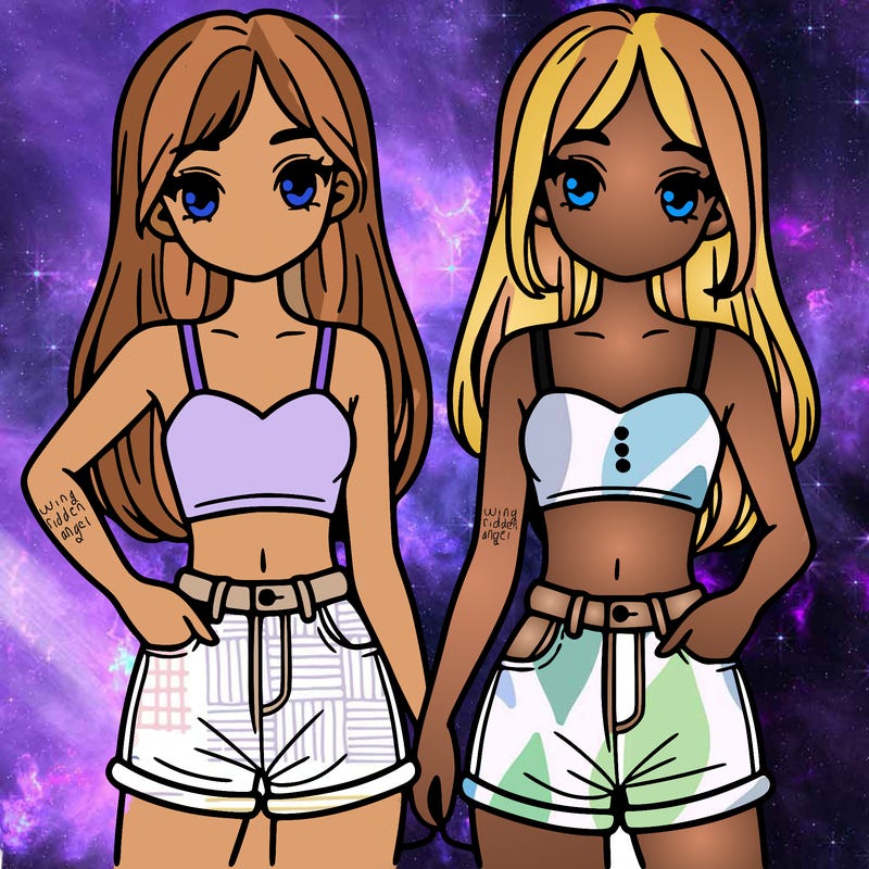 two sisters with crop tops and jean shorts and straight hair