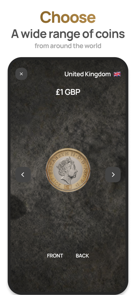 Flip a Coin – Heads or Tails - A screen from the Flip a Coin app showing a British one pound coin selection with navigation arrows.