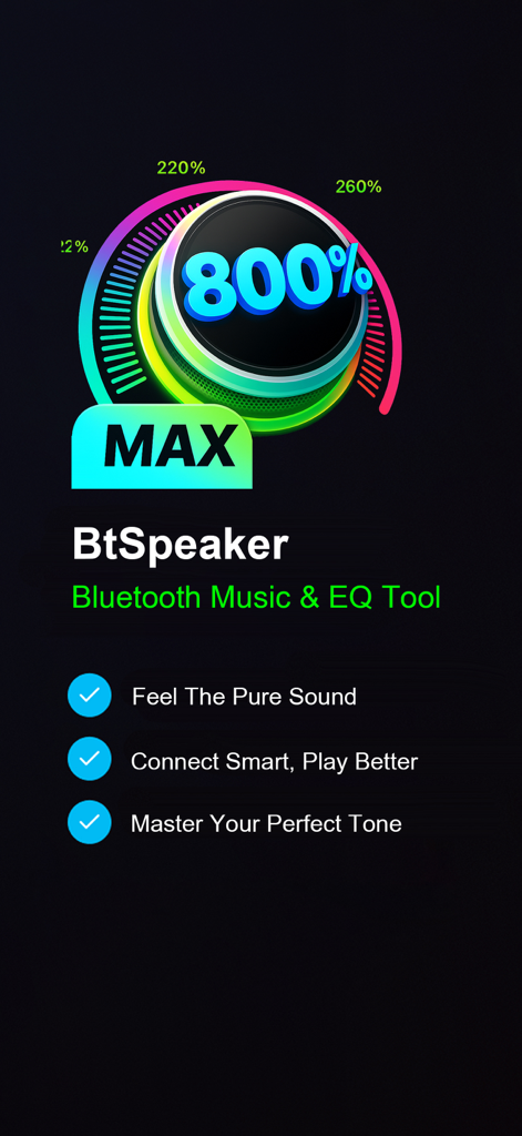 BtSpeaker - BtSpeakerアプリのインターフェース。800パーセントの音量ブーストダイヤルとBluetoothオーディオの主要機能が表示されています