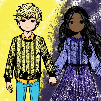 realistic girl with long hair and boy with short hair holding hands