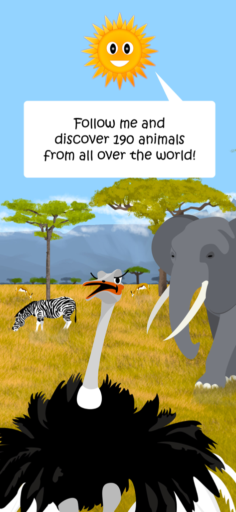 Cena da vida selvagem da savana com um avestruz e um elefante do aplicativo educacional Mundo Animal