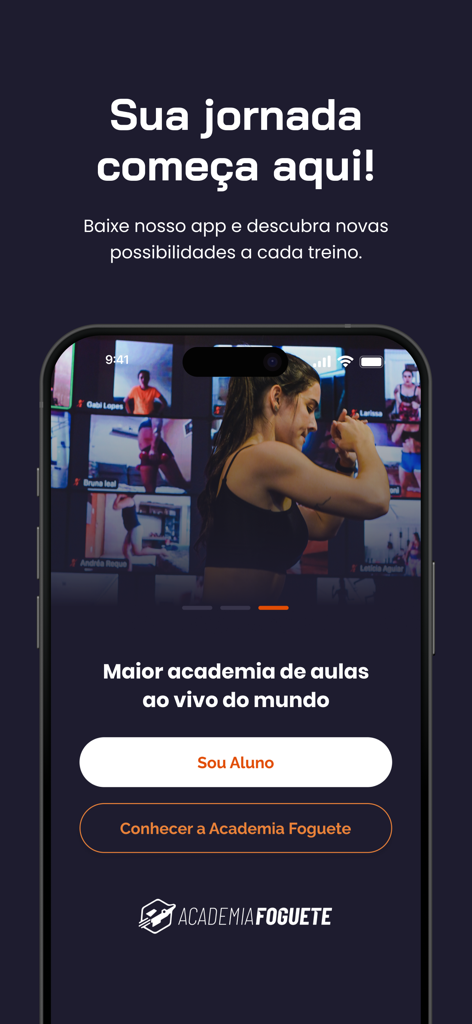 Welcome screen of the Academia Foguete fitness app showcasing live workout classes on a mobile device