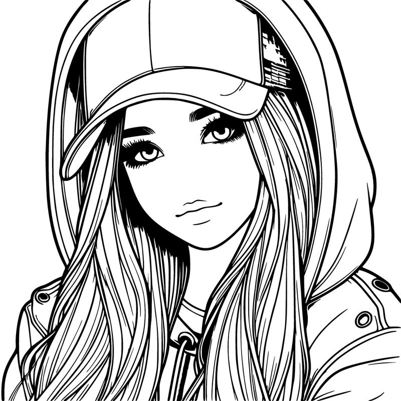 realistic teenagegirl with jacket with hoodie and wearing a cap on her head with longhair