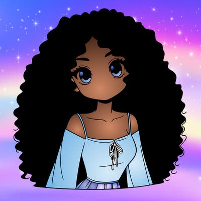 a black anime girl with long afro hair