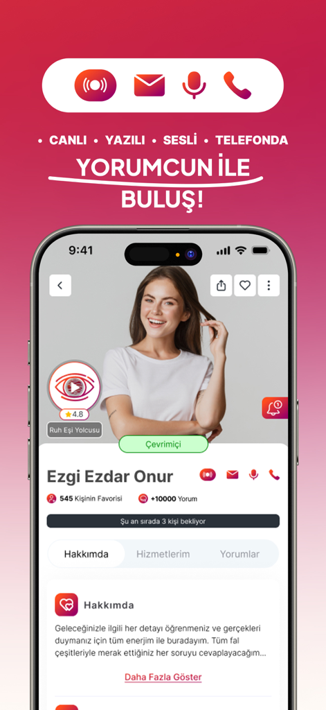 Fal Sepeti: Astroloji & Tarot - Fal Sepeti app interface displaying a profile of an astrology and tarot expert with live chat and call options.