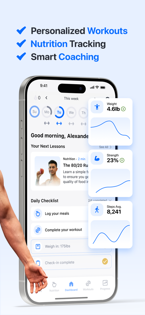 Built With Science+ - Built With Science plus app dashboard displaying personalized workouts nutrition tracking and health progress charts