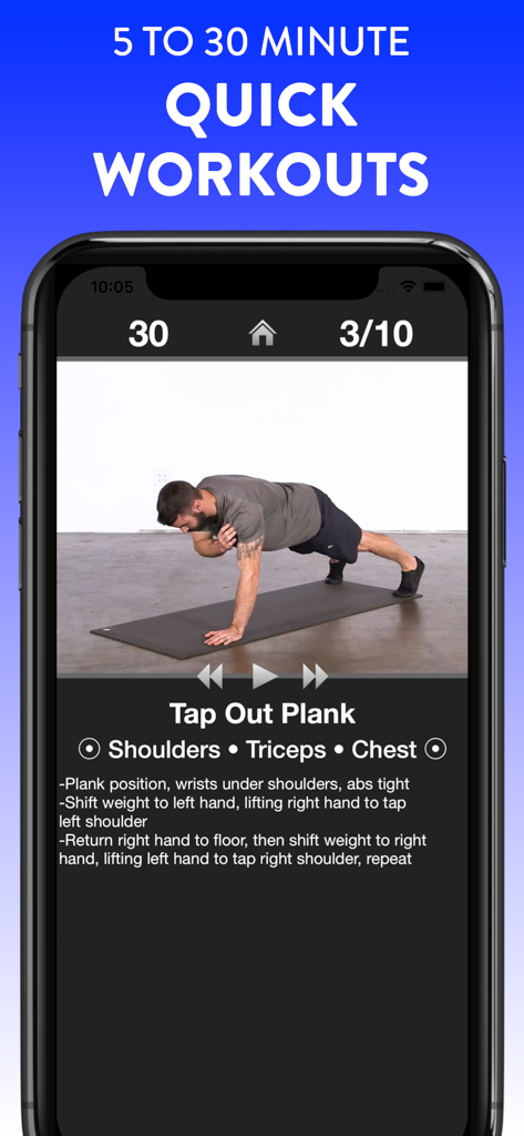 Daily Workouts - Daily Workouts app showing a plank exercise video demonstration and timer