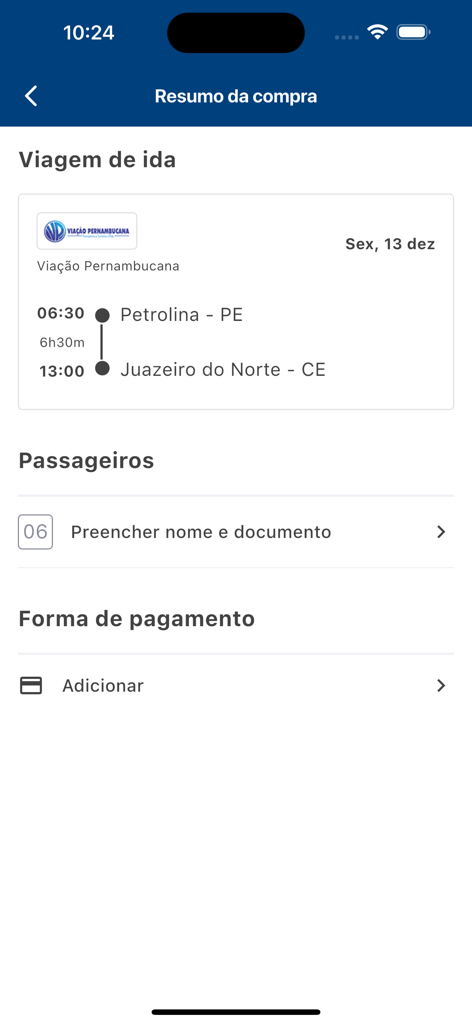 Viação Pernambucana - Mobile app screen showing the purchase summary for a bus trip from Petrolina to Juazeiro do Norte including departure time and payment section