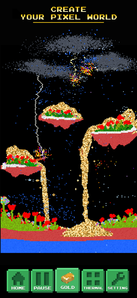 A pixel art scene in Sandbox Powder Alchemy with lightning clouds and golden powder flowing from floating islands.