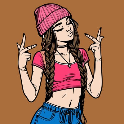 realistic teenage girl with braids and a beanie and crop top doing 🫶🏼