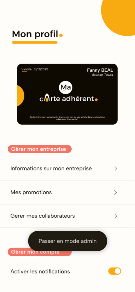 Ça M'Arche - User profile screen of the Ça M'Arche app featuring a digital membership card and business management menu