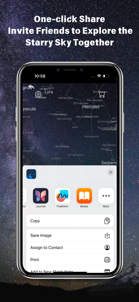 Star Identification Camera - An iPhone displaying the share menu over a labeled star map in the Star Identification Camera app.