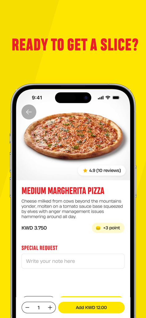 Yelo Pizza - Pantalla de smartphone que muestra un pedido de pizza Margarita en la aplicación Yelo Pizza con el precio y los puntos de fidelidad.
