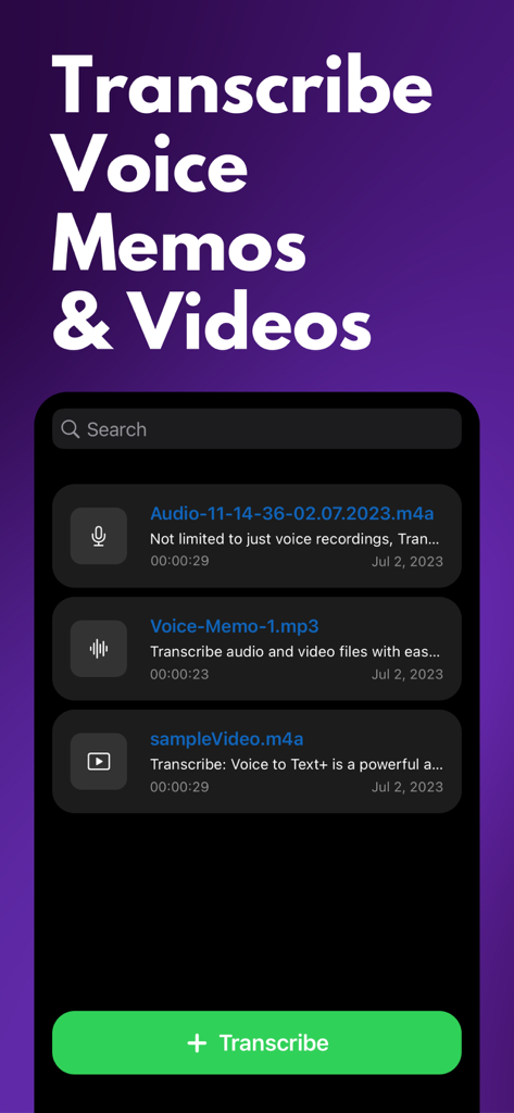 Transcribe: Voice to Text+ - Interface of the Transcribe app showing a list of voice memos and videos with a green transcribe button