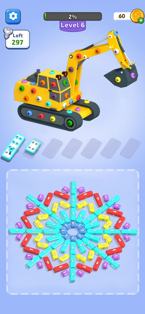 Screw Escape 3D - Car Out Jam - Gameplay of Screw Escape 3D showing a yellow excavator model with colorful screws and a block puzzle below