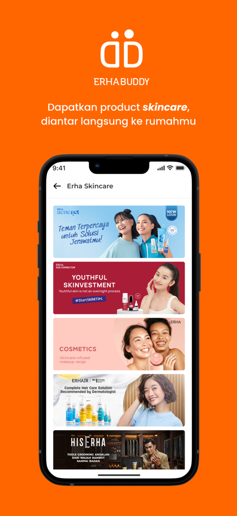 ERHA BUDDYアプリのモバイルインターフェース。さまざまなクリニカルスキンケア製品カテゴリが表示されています。