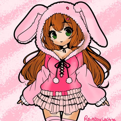 pretty anime girl wearing a fluffy hoodie with bunny ears on the hood and a skirt