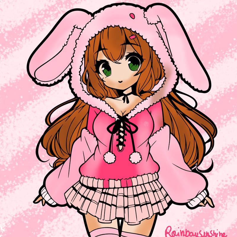pretty anime girl wearing a fluffy hoodie with bunny ears on the hood and a skirt
