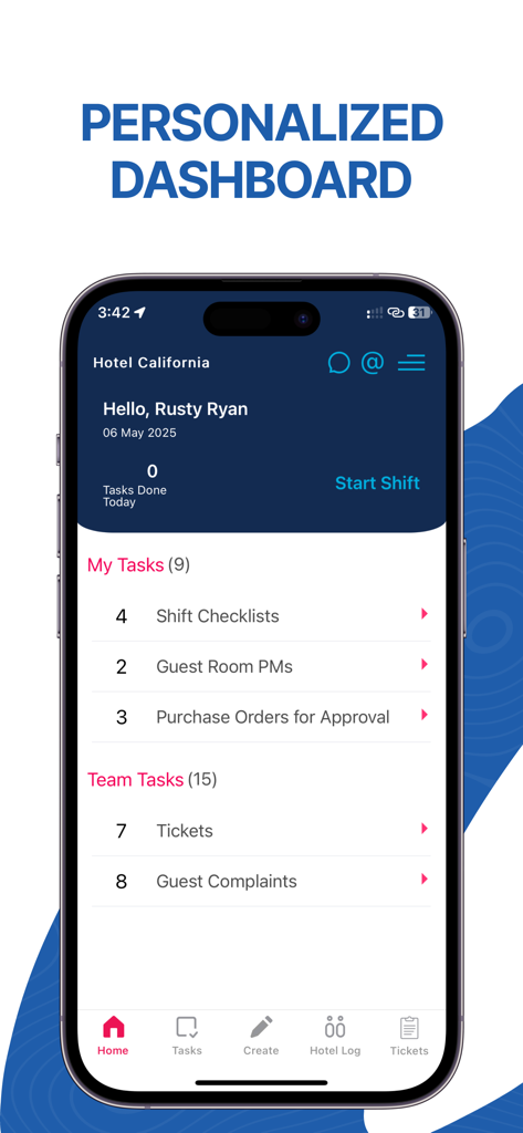Personalized dashboard of the Kipsu Exceed FCX app showing tasks for hospitality staff like shift checklists and guest complaints.