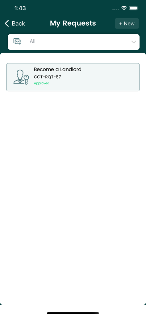 Socienta - Mobile app screen showing an approved request to become a landlord within the Socienta property management platform.