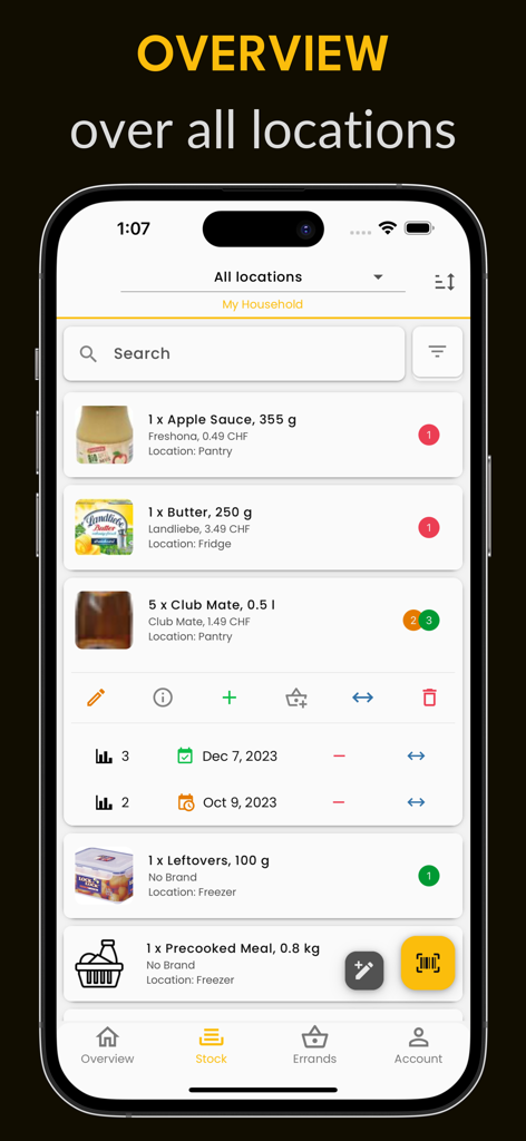 Smantry: Smart pantry - iPhone screen showing the Smantry app inventory overview with food items listed by their storage locations like pantry and fridge