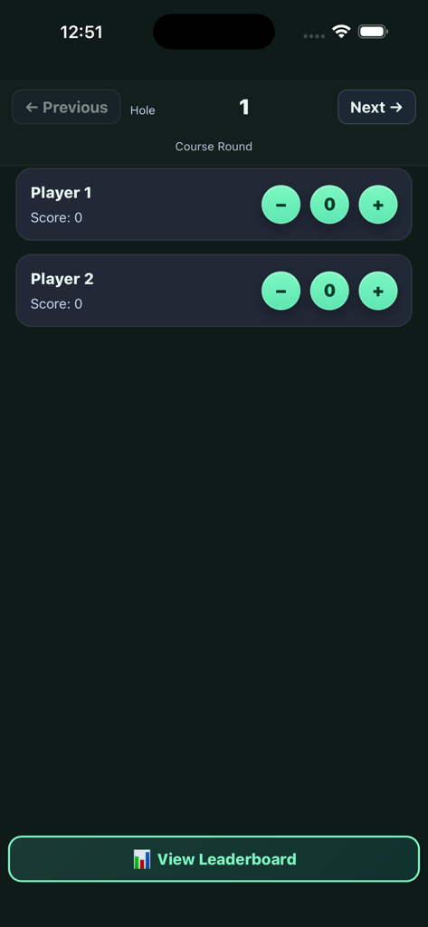Mini Golf Score Tracker - Oberfläche der Mini Golf Score Tracker App, die den Scorekeeping-Bildschirm für Loch 1 mit Bedienelementen zum Hinzufügen oder Abziehen von Punkten für zwei Spieler zeigt.