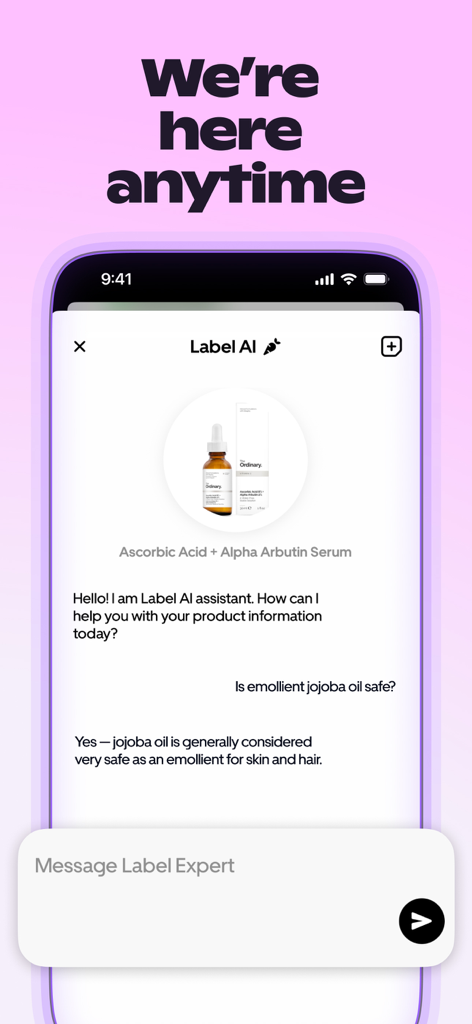 Label AI: Food & Cosmetic Scan - Label AI chat interface showing a conversation with an AI assistant about the safety of jojoba oil in a cosmetic serum