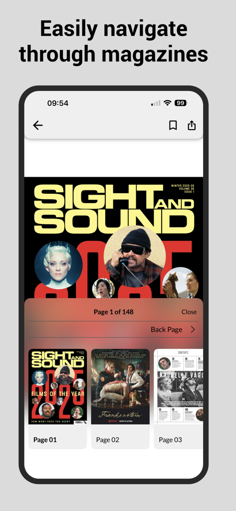 Interface for navigating through digital magazine pages in the Sight and Sound app.