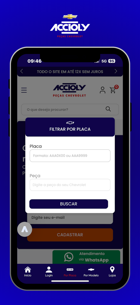 Interface do aplicativo Accioly GM mostrando o recurso de busca por placa para peças Chevrolet