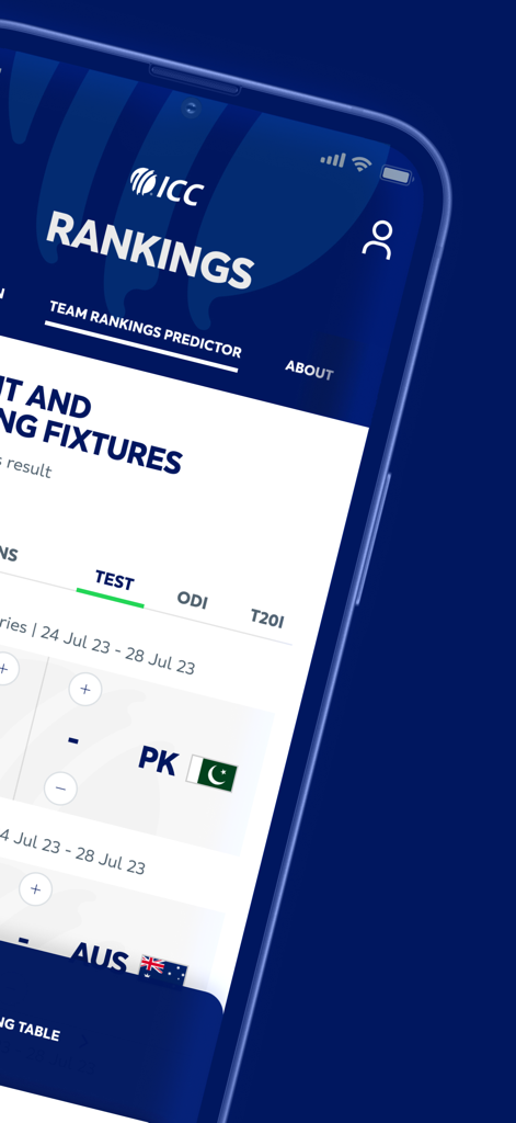 A smartphone screen displaying the ICC Official app team rankings and predictor page