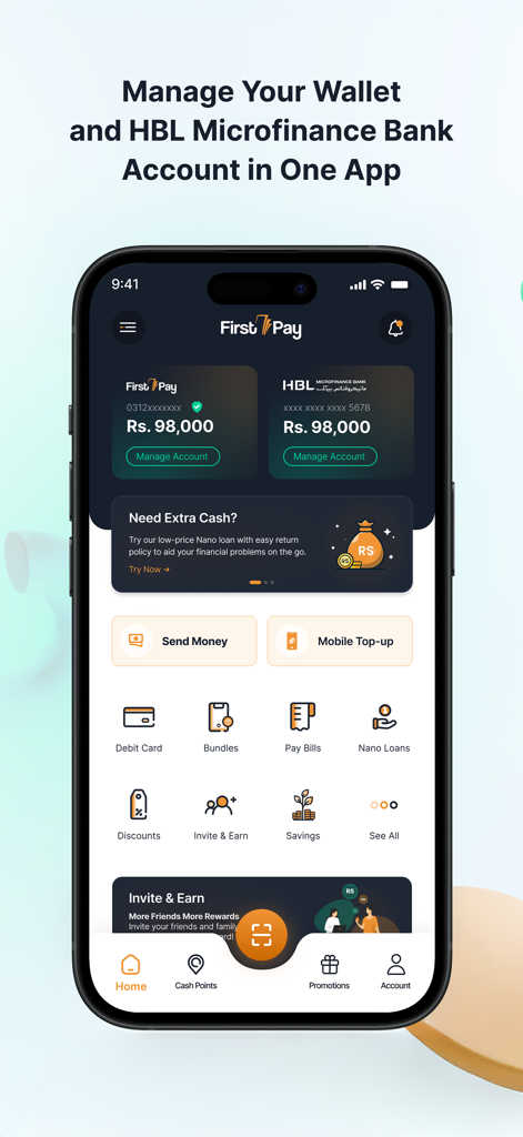 FirstPay mobile app dashboard showing HBL bank account integration and financial services