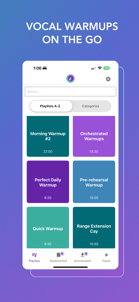 Vocal Warmups with Kathleen - Vocal Warmups with Kathleenアプリで、Morning WarmupやPerfect Daily Warmupなどのボーカルウォームアッププレイリストを表示するスマートフォン画面。