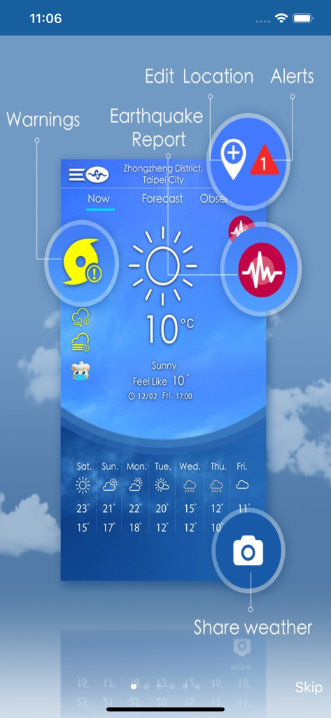 Taiwan Weather app interface showing Taipei city forecast with earthquake and weather warning alerts